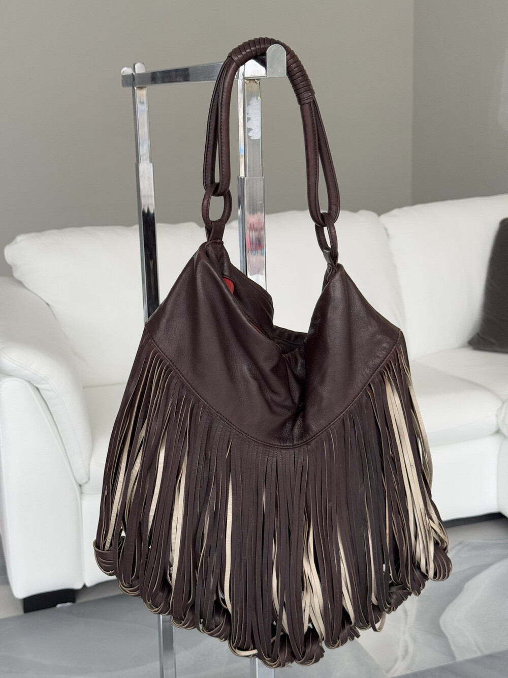 Designer Katherine Kwei Donna Tote Leather Hobo Bag Brown Fringe $$$$